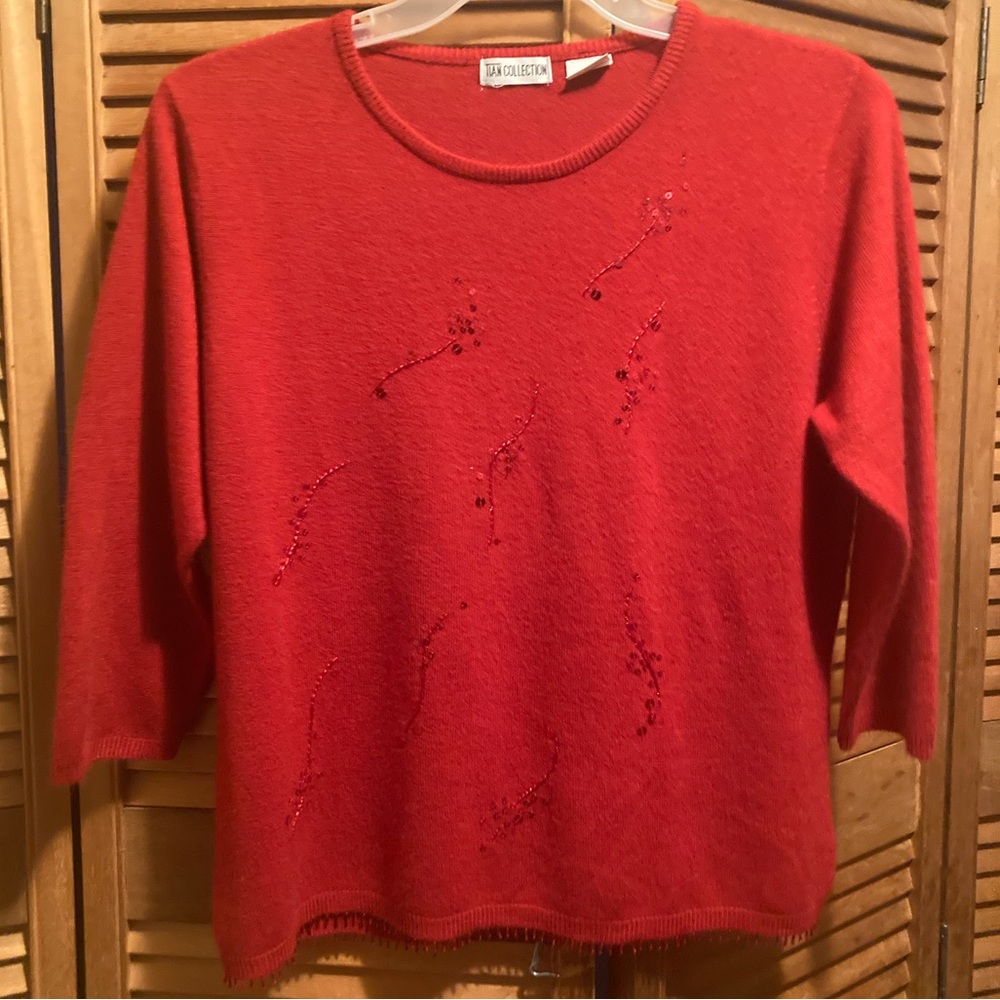 Tian Collection Red Knit Sweater with Sequins Front & Beaded Hem
